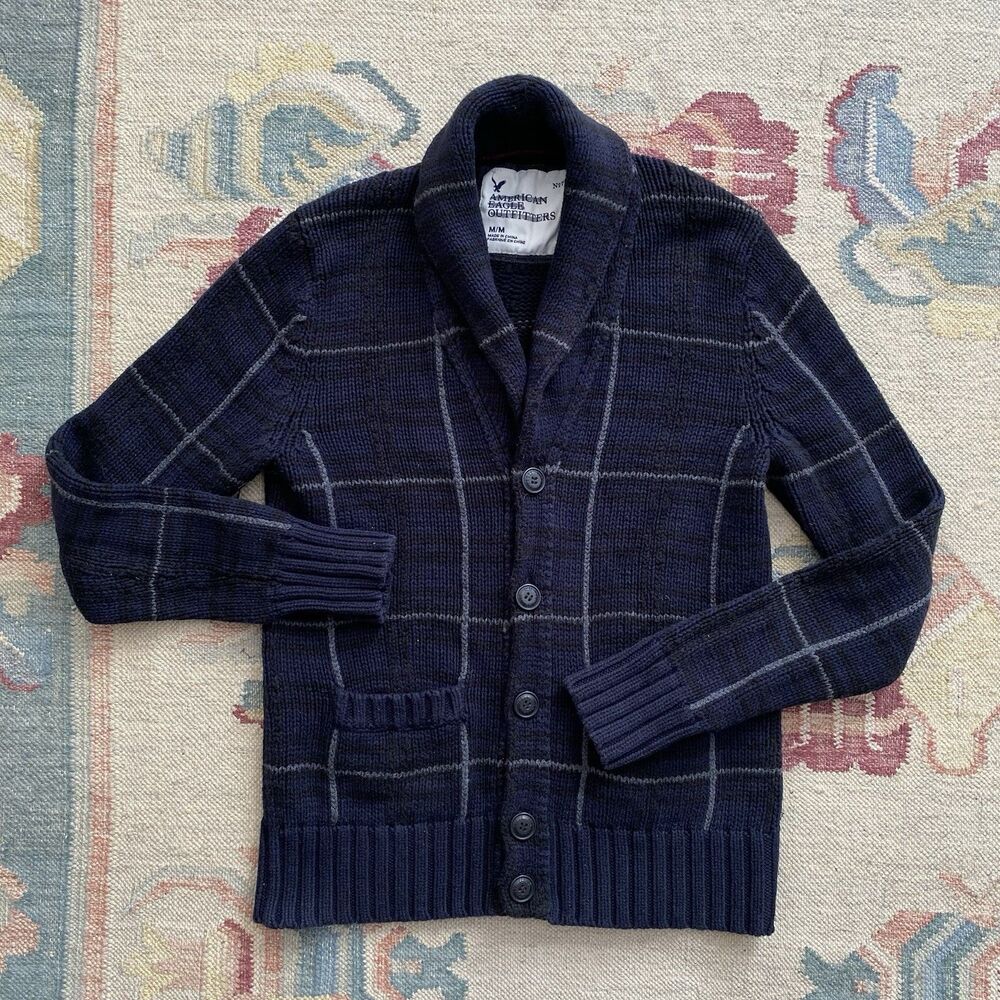 Y2K American Eagle Cardigan Sweater Vintage Chunky Medium Plaid Wool Cotton